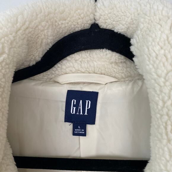 GAP Sherpa Jacket Coat Birch Off White Double Breasted Faux Fur Size Large - Picture 4 of 7